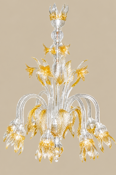 Ca' Rezzonico Murano Glass Chandelier | transparent glass with gold details, flowers and leaves
