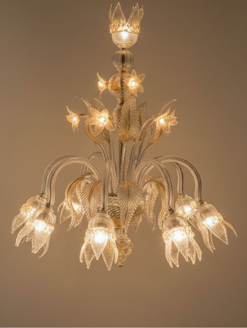 Ca' Rezzonico Murano Glass Chandelier | transparent glass with gold details, flowers and leaves