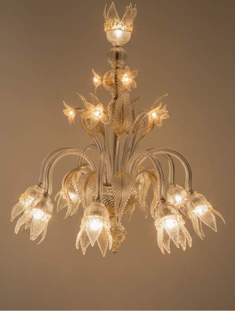 Ca' Rezzonico Murano Glass Chandelier | transparent glass with gold details, flowers and leaves