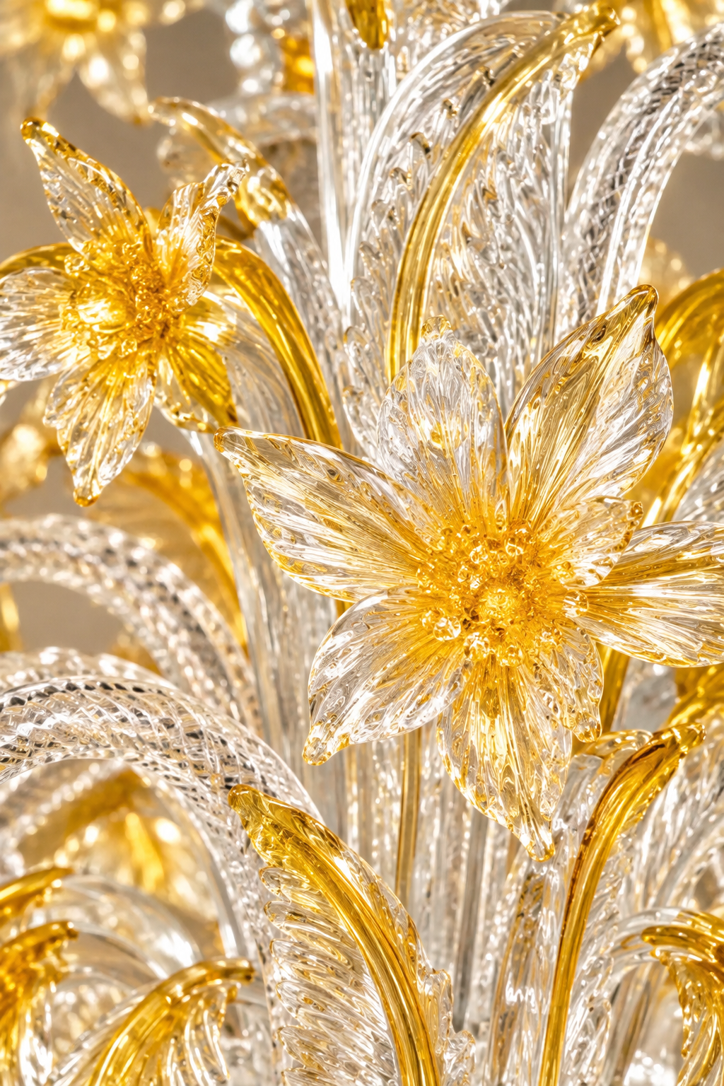 Ca' Rezzonico Murano Glass Chandelier | transparent glass with gold details, flowers and leaves