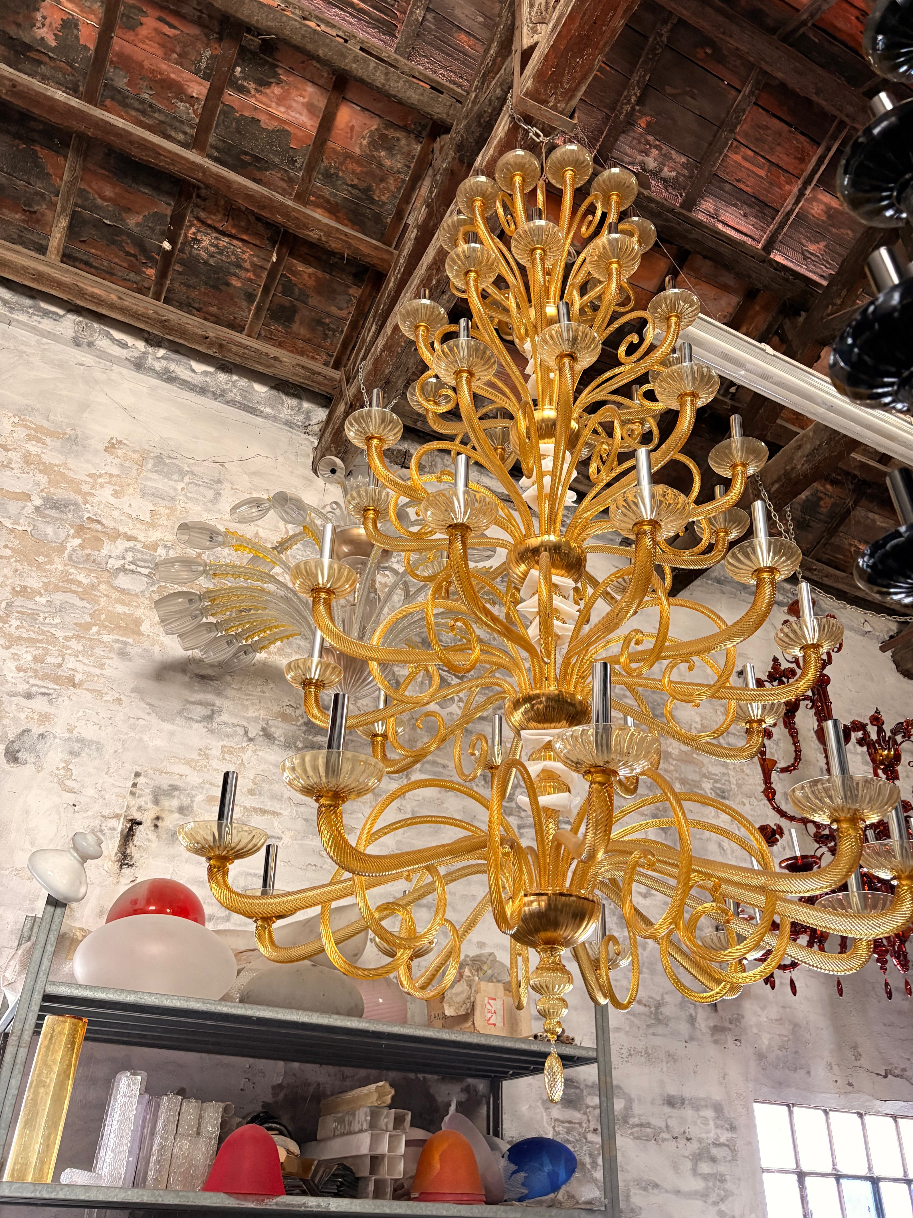 Monumental 1950s Vintage Amber Glass Chandelier | 10.5 ft