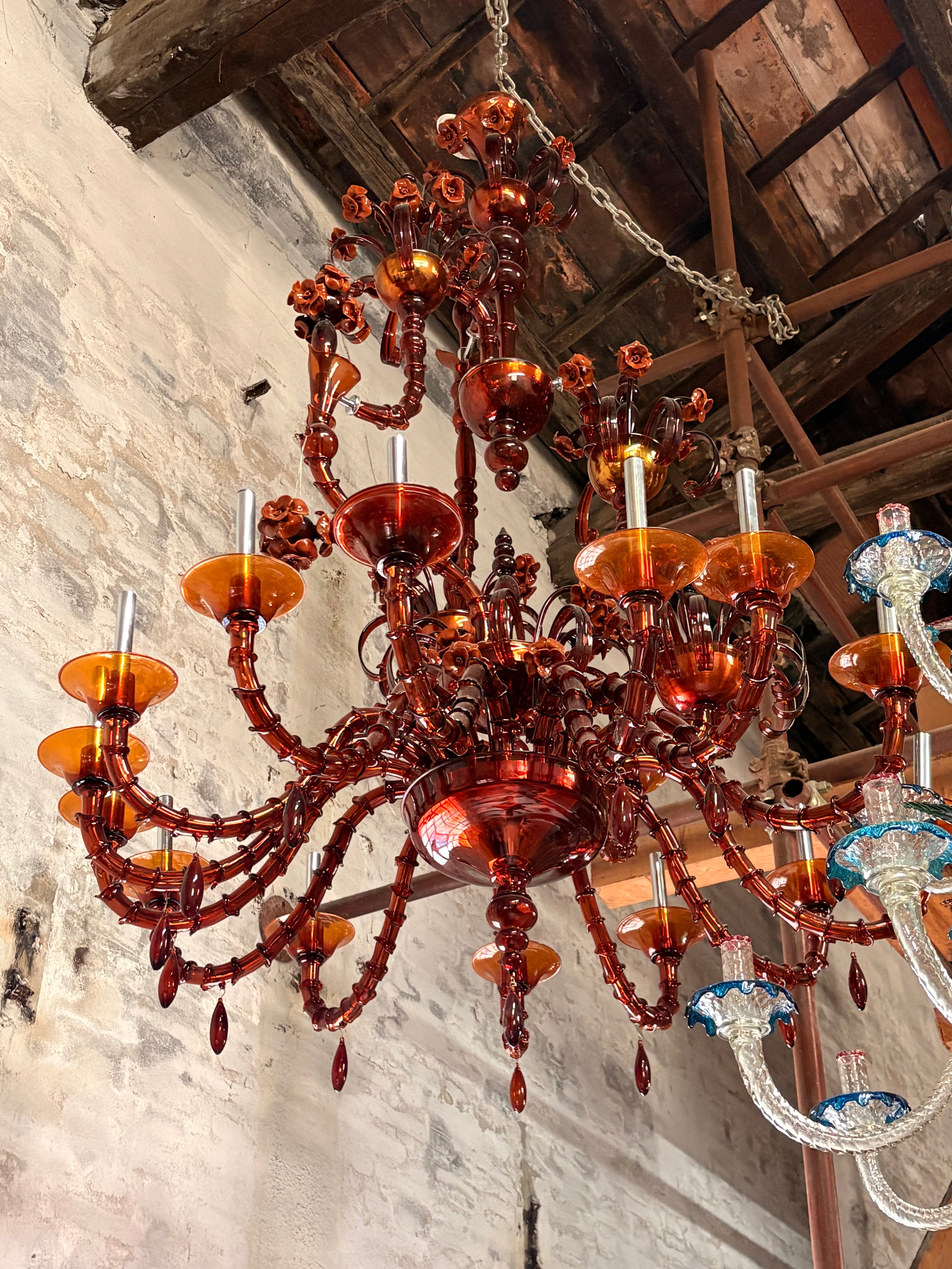 Vintage Amber Glass Chandelier with All-Glass Structure