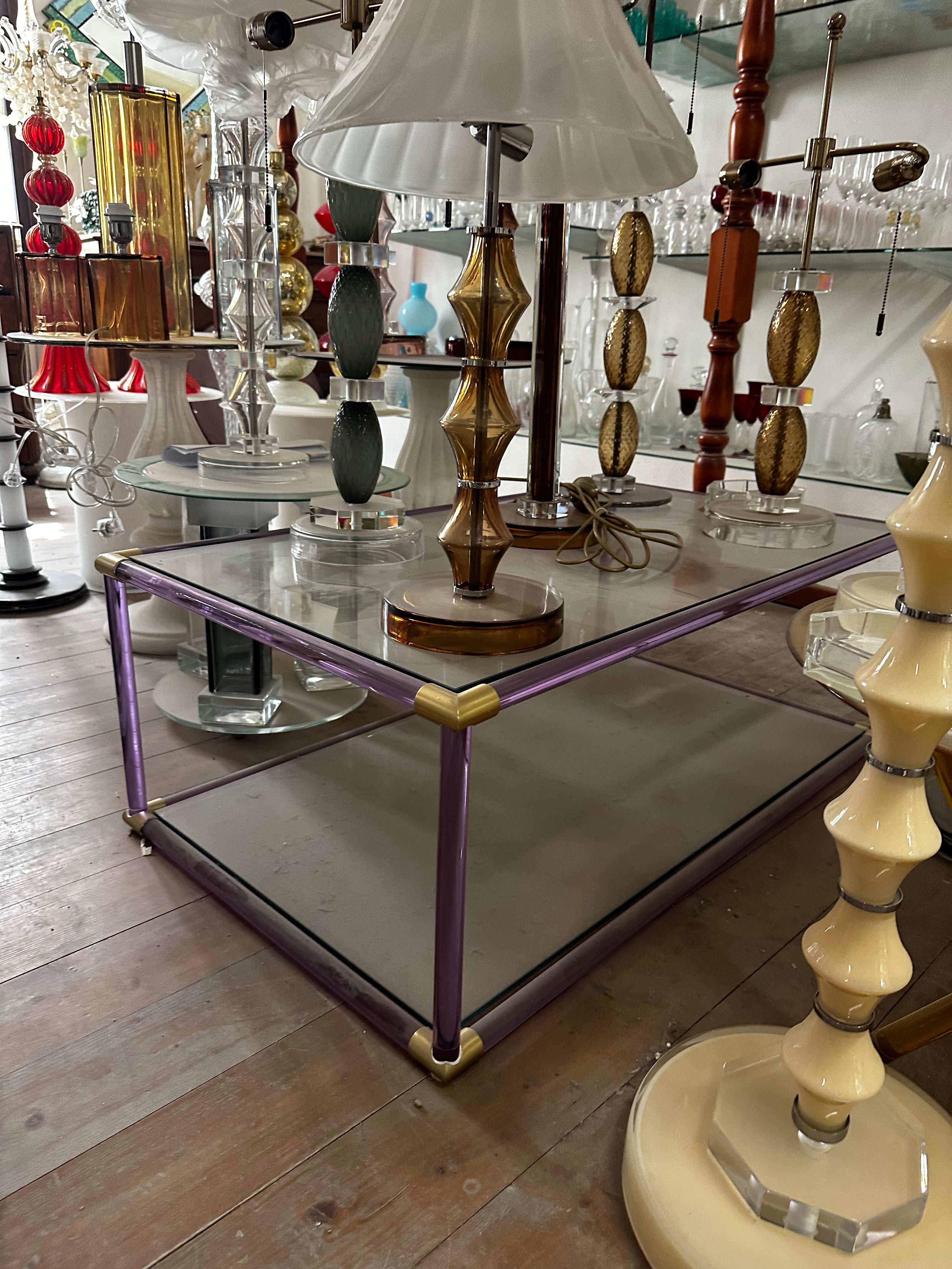 Original Vintage Vistosi Murano Glass Coffee Table | purple glass rods and brass profiles, 1970s