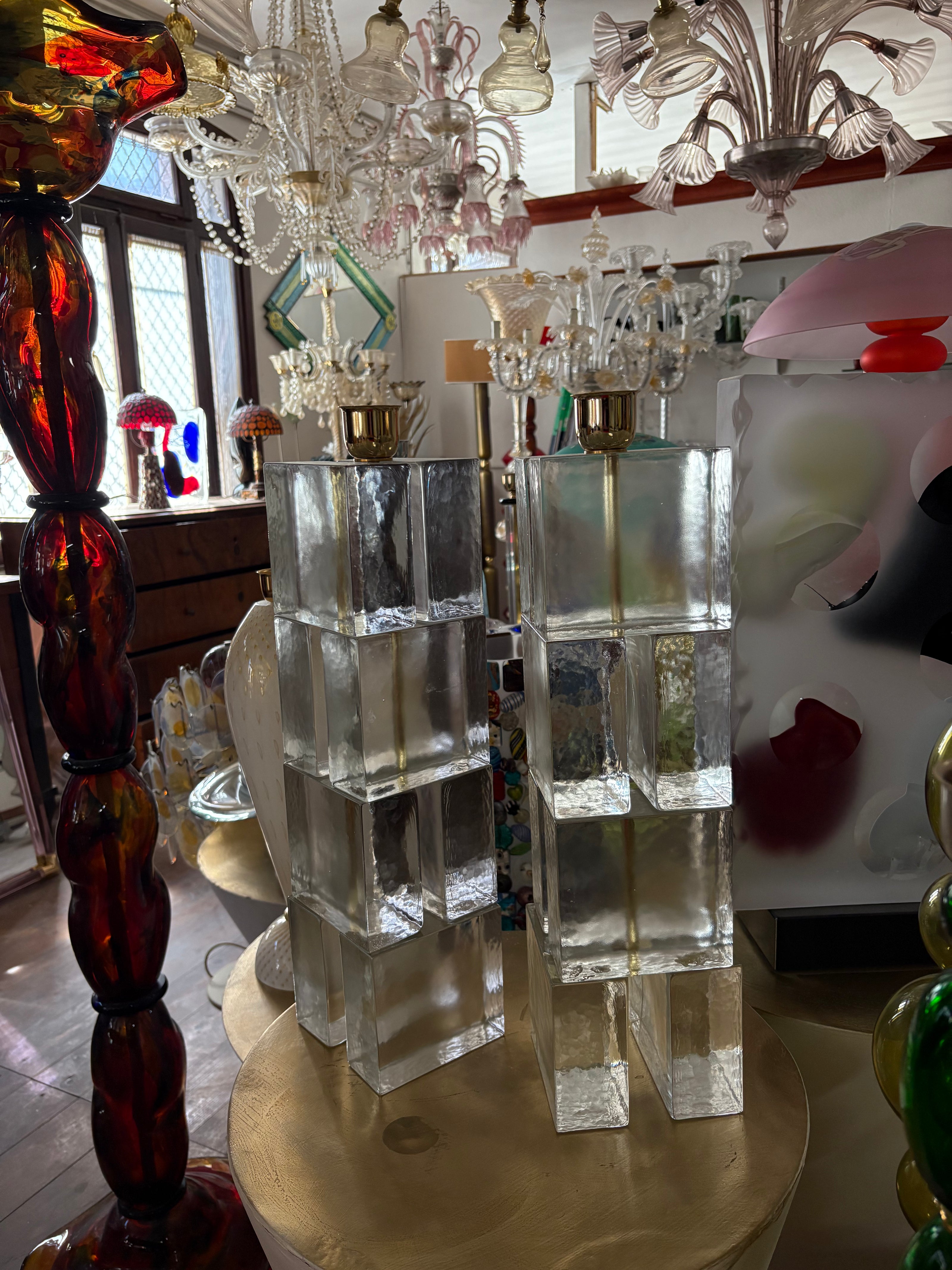Pair of Original Vintage Murano Glass Block Table Lamps | solid clear glass, stacked blocks, brass lamp holders
