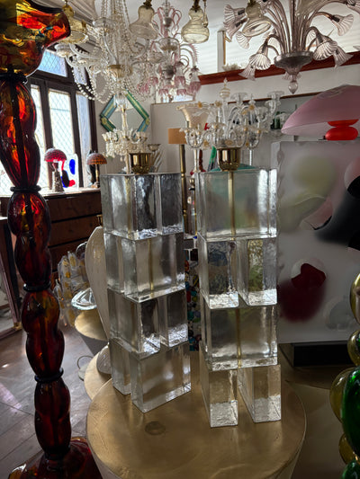 Pair of Original Vintage Murano Glass Block Table Lamps | solid clear glass, stacked blocks, brass lamp holders