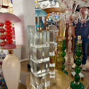 Pair of Original Vintage Murano Glass Block Table Lamps | solid clear glass, stacked blocks, brass lamp holders