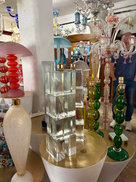 Pair of Original Vintage Murano Glass Block Table Lamps | solid clear glass, stacked blocks, brass lamp holders