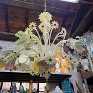 Vintage Venetian Murano Glass Chandelier | clear glass with gold leaf, green accents, flowers and leaves