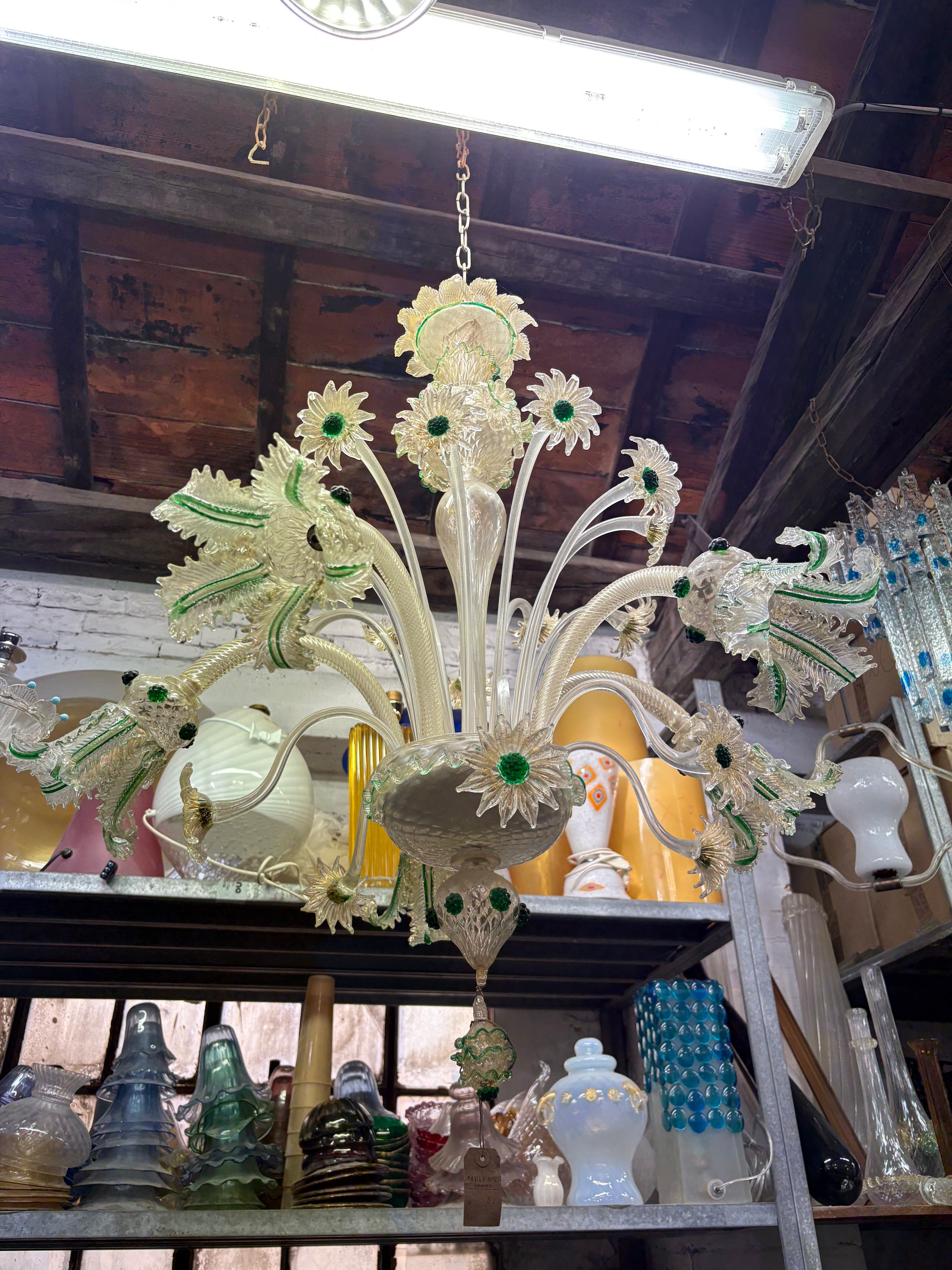 Vintage Venetian Murano Glass Chandelier | clear glass with gold leaf, green accents, flowers and leaves