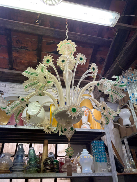 Vintage Venetian Murano Glass Chandelier | clear glass with gold leaf, green accents, flowers and leaves