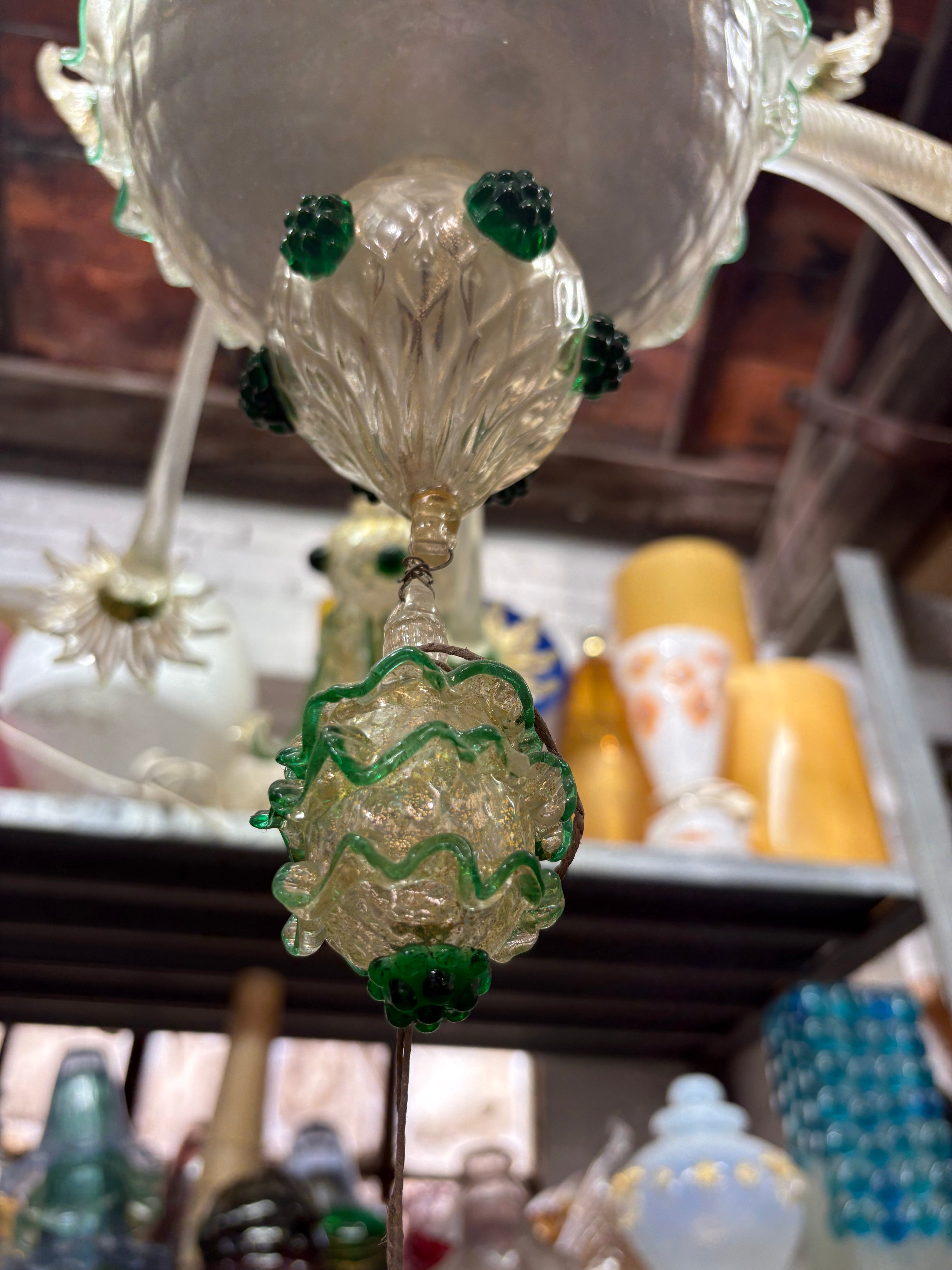 Vintage Venetian Murano Glass Chandelier | clear glass with gold leaf, green accents, flowers and leaves