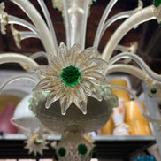 Vintage Venetian Murano Glass Chandelier | clear glass with gold leaf, green accents, flowers and leaves