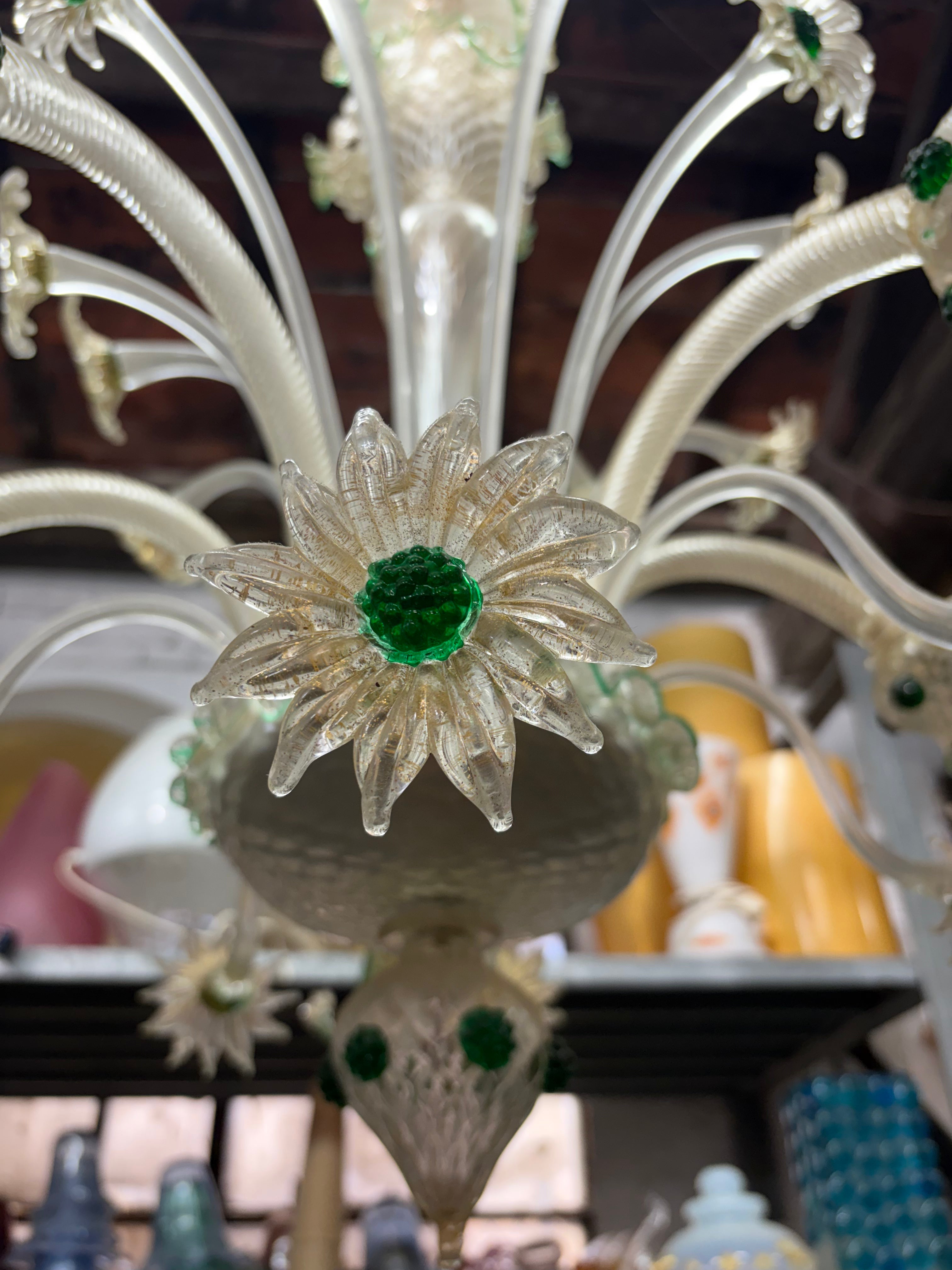 Vintage Venetian Murano Glass Chandelier | clear glass with gold leaf, green accents, flowers and leaves