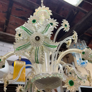 Vintage Venetian Murano Glass Chandelier | clear glass with gold leaf, green accents, flowers and leaves
