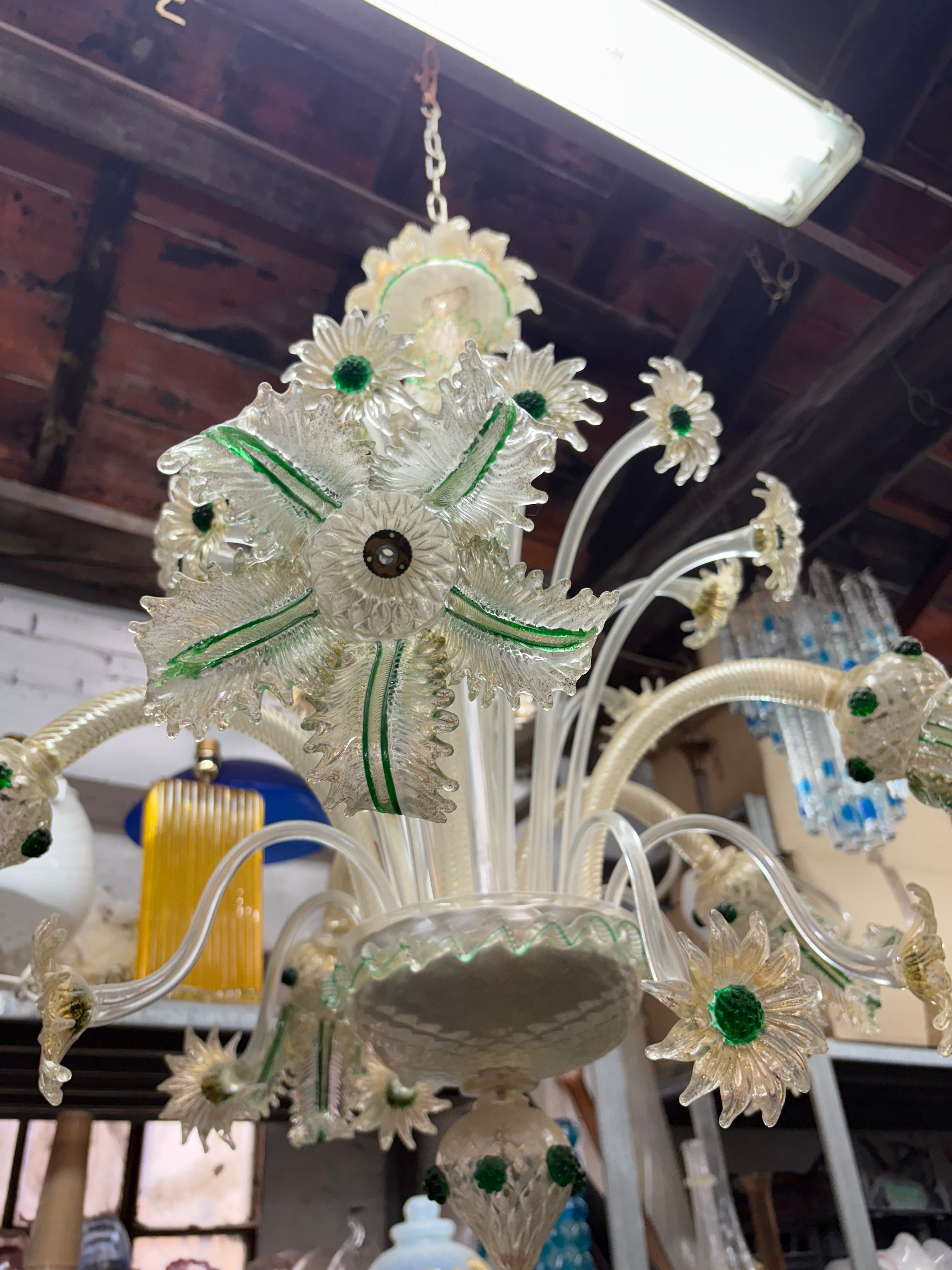 Vintage Venetian Murano Glass Chandelier | clear glass with gold leaf, green accents, flowers and leaves