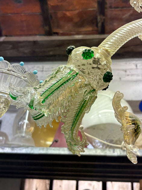 Vintage Venetian Murano Glass Chandelier | clear glass with gold leaf, green accents, flowers and leaves