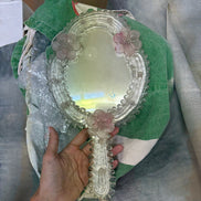 Vintage Venetian Murano Glass Hand Mirror | clear glass frame, pink flowers, beaded edge