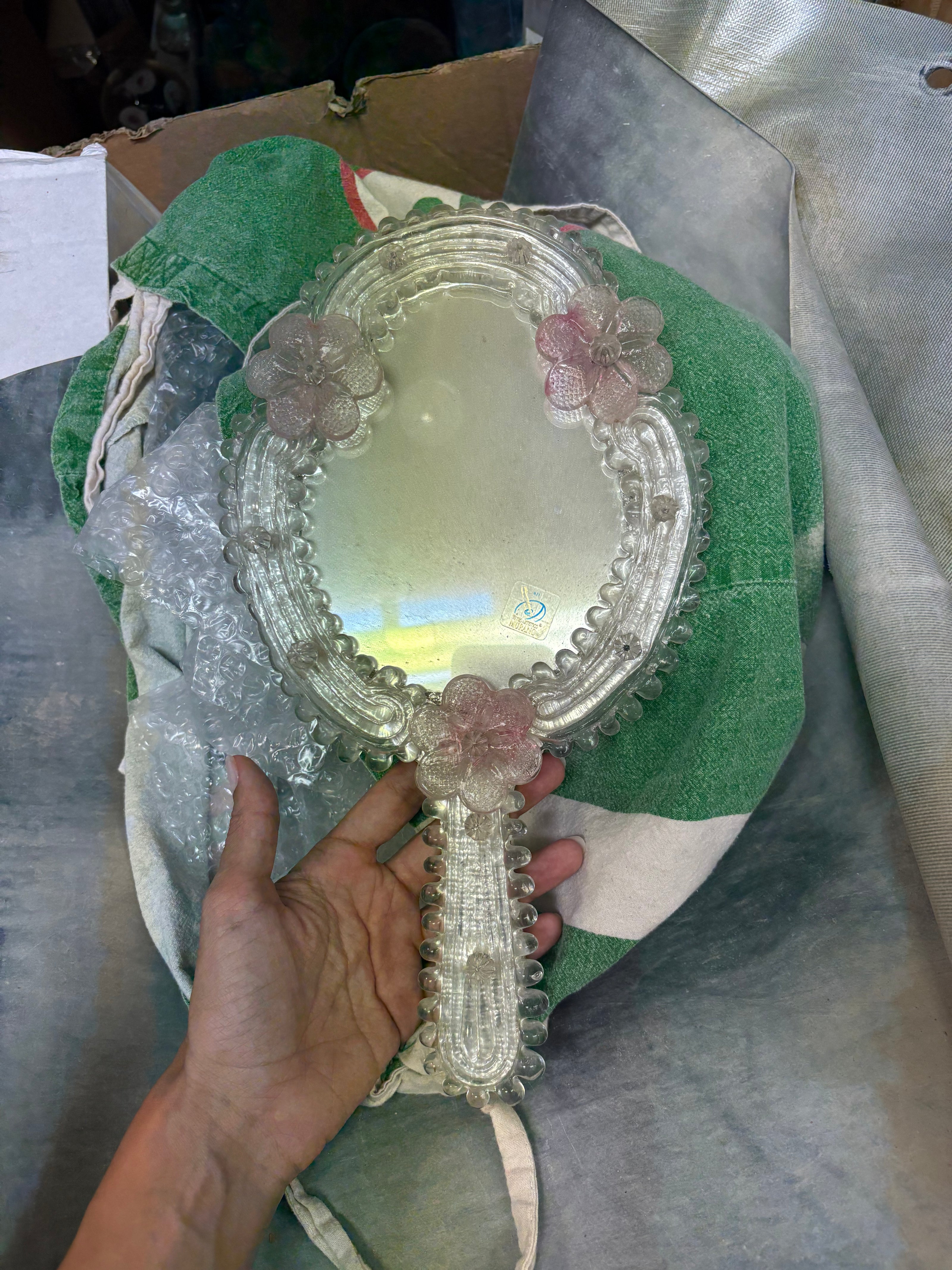 Vintage Venetian Murano Glass Hand Mirror | clear glass frame, pink flowers, beaded edge