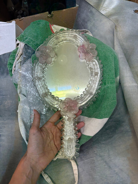 Vintage Venetian Murano Glass Hand Mirror | clear glass frame, pink flowers, beaded edge