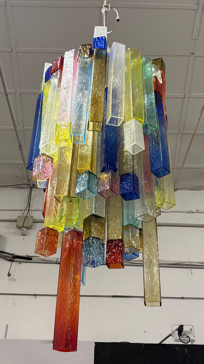 Original Vintage Pop Murano Glass Chandelier | multicolour glass prisms in cascade