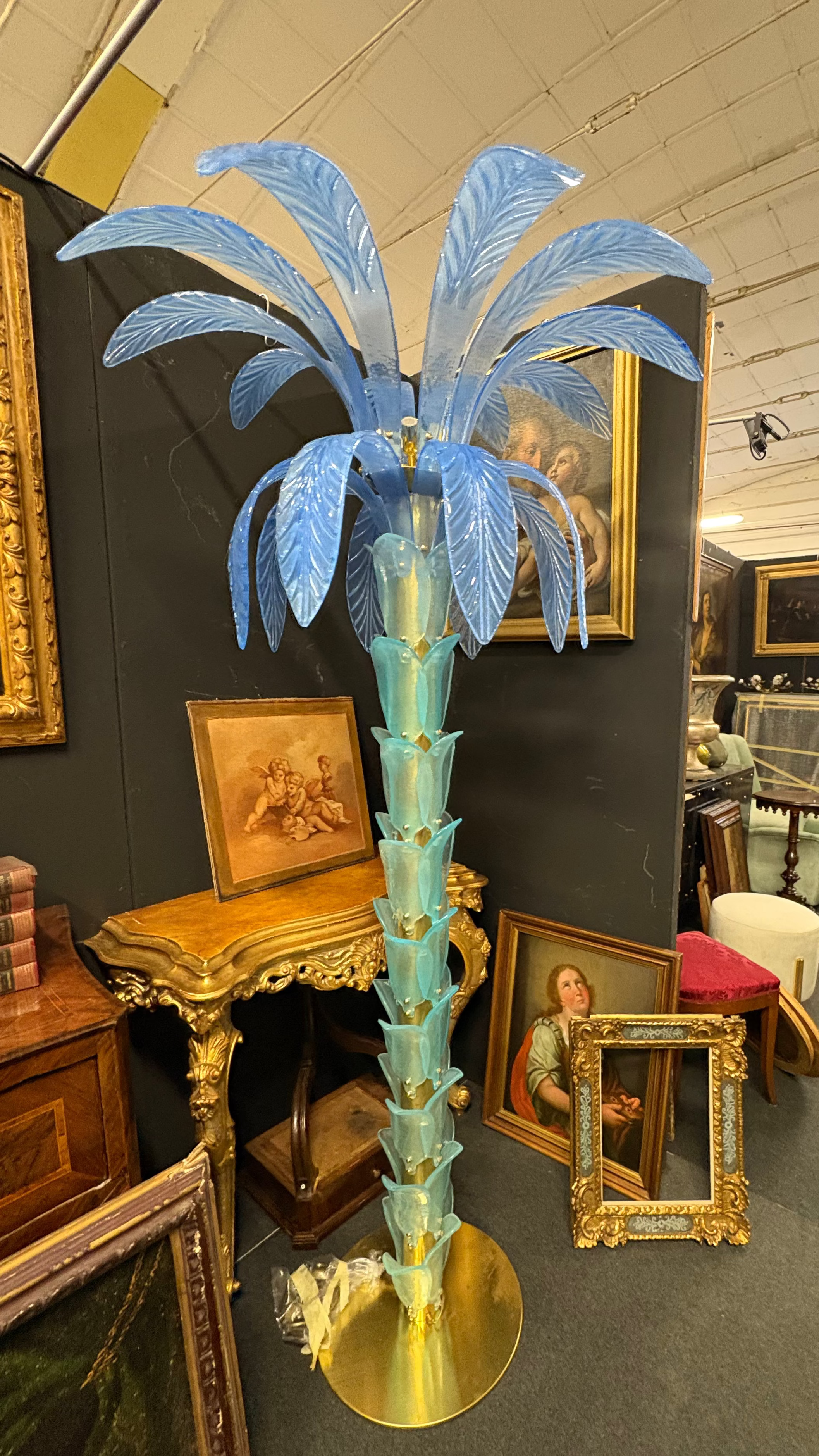 Vintage Murano Glass Palm Tree Floor Lamp | blue glass leaves, aquamarine trunk, brass
