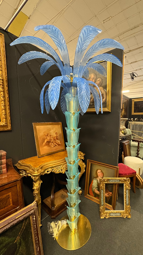 Vintage Murano Glass Palm Tree Floor Lamp | blue glass leaves, aquamarine trunk, brass