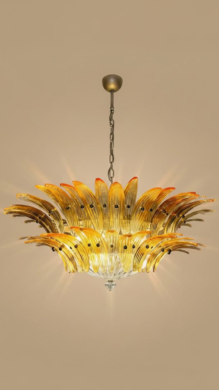 Lampadario Palmette in vetro di Murano ambrato | 82 elementi soffiati a mano, due livelli