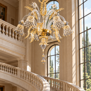 Venetian Murano Glass Chandelier | floral elements, leaves and scrolls in transparent and gold glass