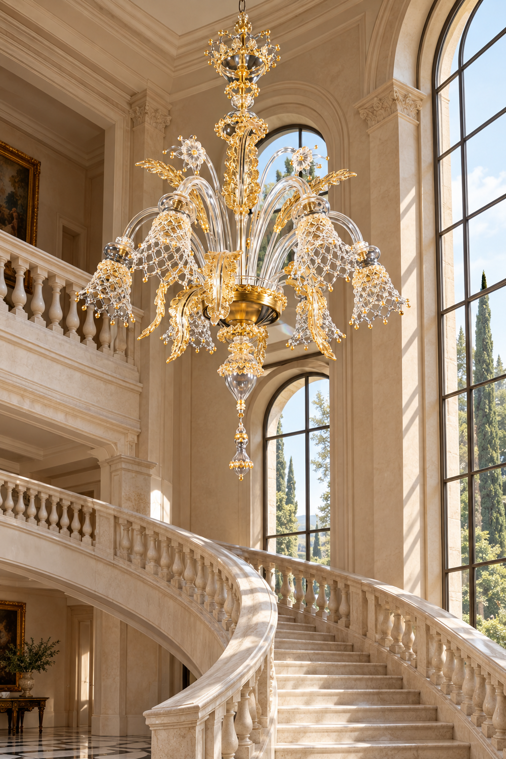 Venetian Murano Glass Chandelier | floral elements, leaves and scrolls in transparent and gold glass