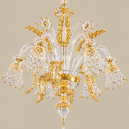 Venetian Murano Glass Chandelier | floral elements, leaves and scrolls in transparent and gold glass