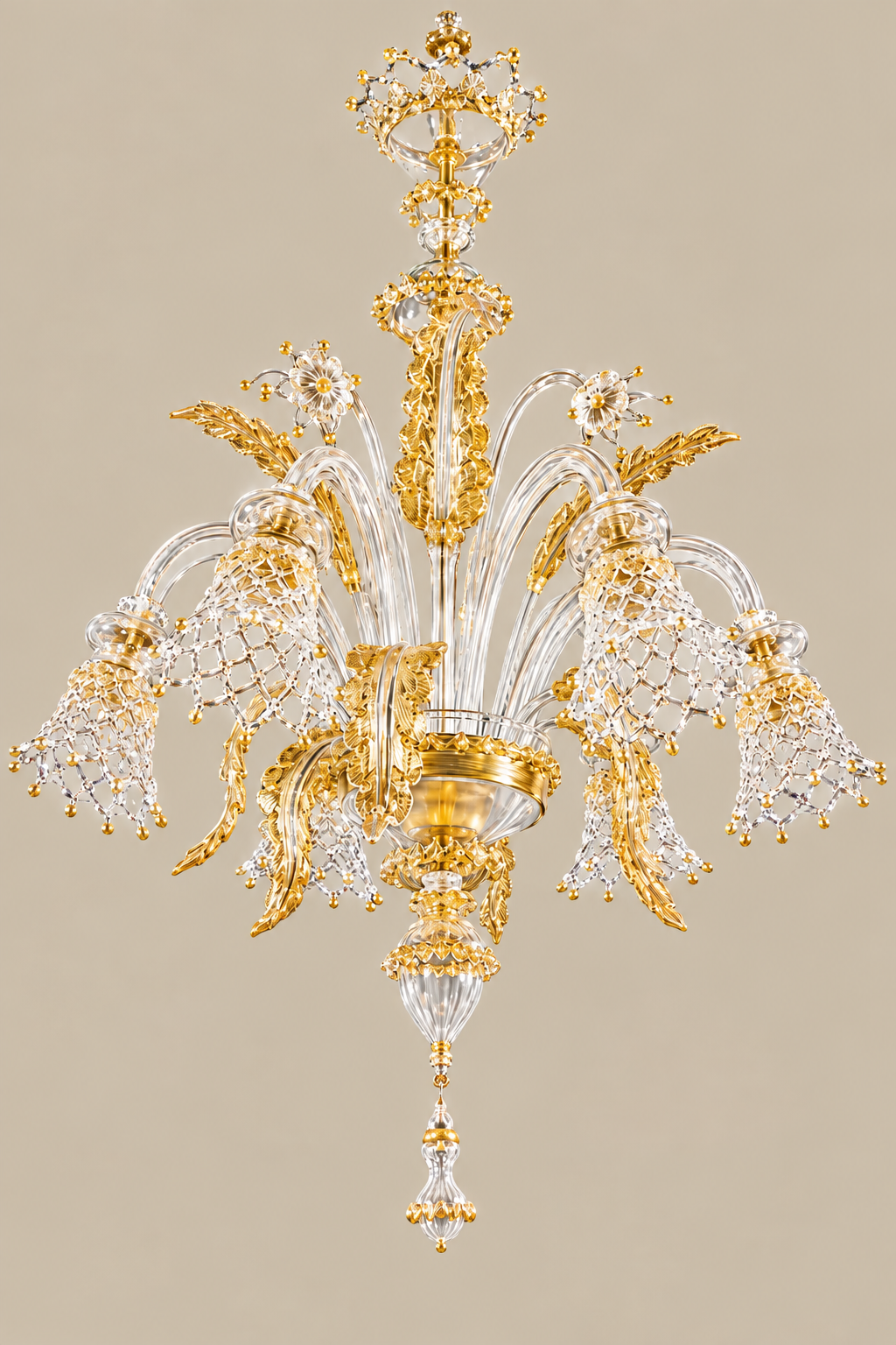 Venetian Murano Glass Chandelier | floral elements, leaves and scrolls in transparent and gold glass