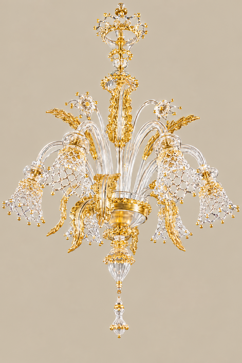 Venetian Murano Glass Chandelier | floral elements, leaves and scrolls in transparent and gold glass
