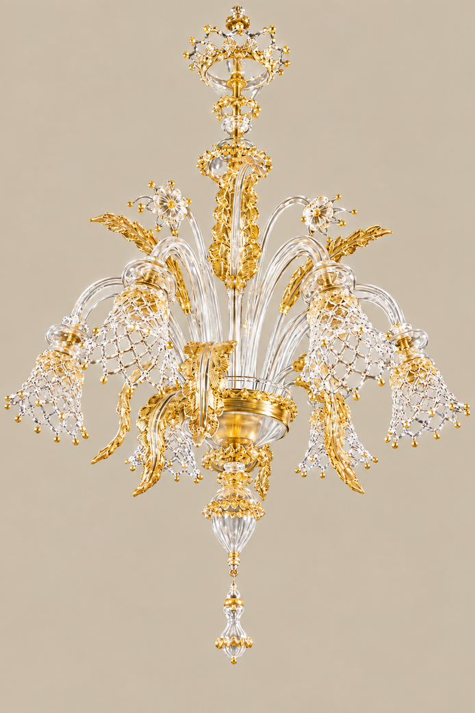 Venetian Murano Glass Chandelier | floral elements, leaves and scrolls in transparent and gold glass