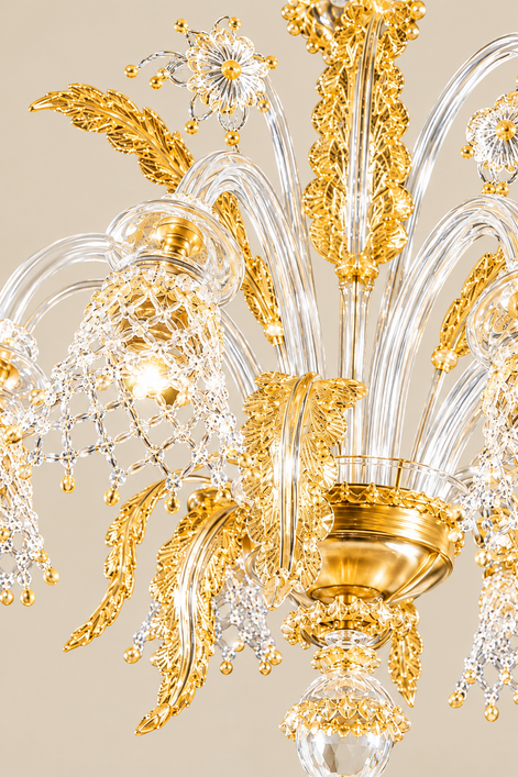 Venetian Murano Glass Chandelier | floral elements, leaves and scrolls in transparent and gold glass