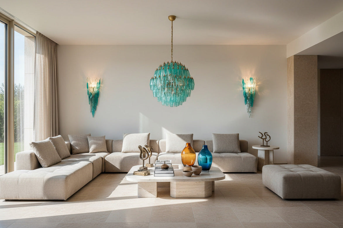 Lampadario Poliedri in vetro di Murano turchese a sfera | 140 elementi