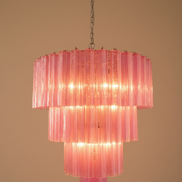 Lampadario in vetro di Murano | 78 tubi in seta soffiati a mano rosa fucsia, struttura in nichel lucido