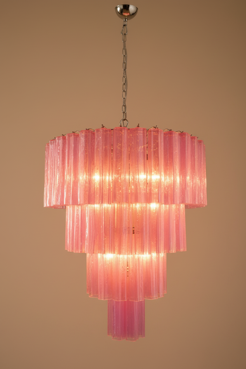 Lampadario in vetro di Murano | 78 tubi in seta soffiati a mano rosa fucsia, struttura in nichel lucido