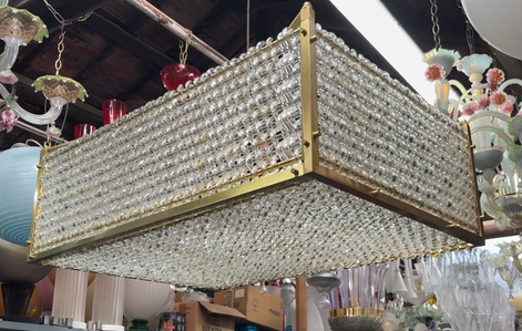 Original Vintage 1960s Murano Glass Chandelier | interlocking glass bars with 24k gold leaf, rectangular brass frame