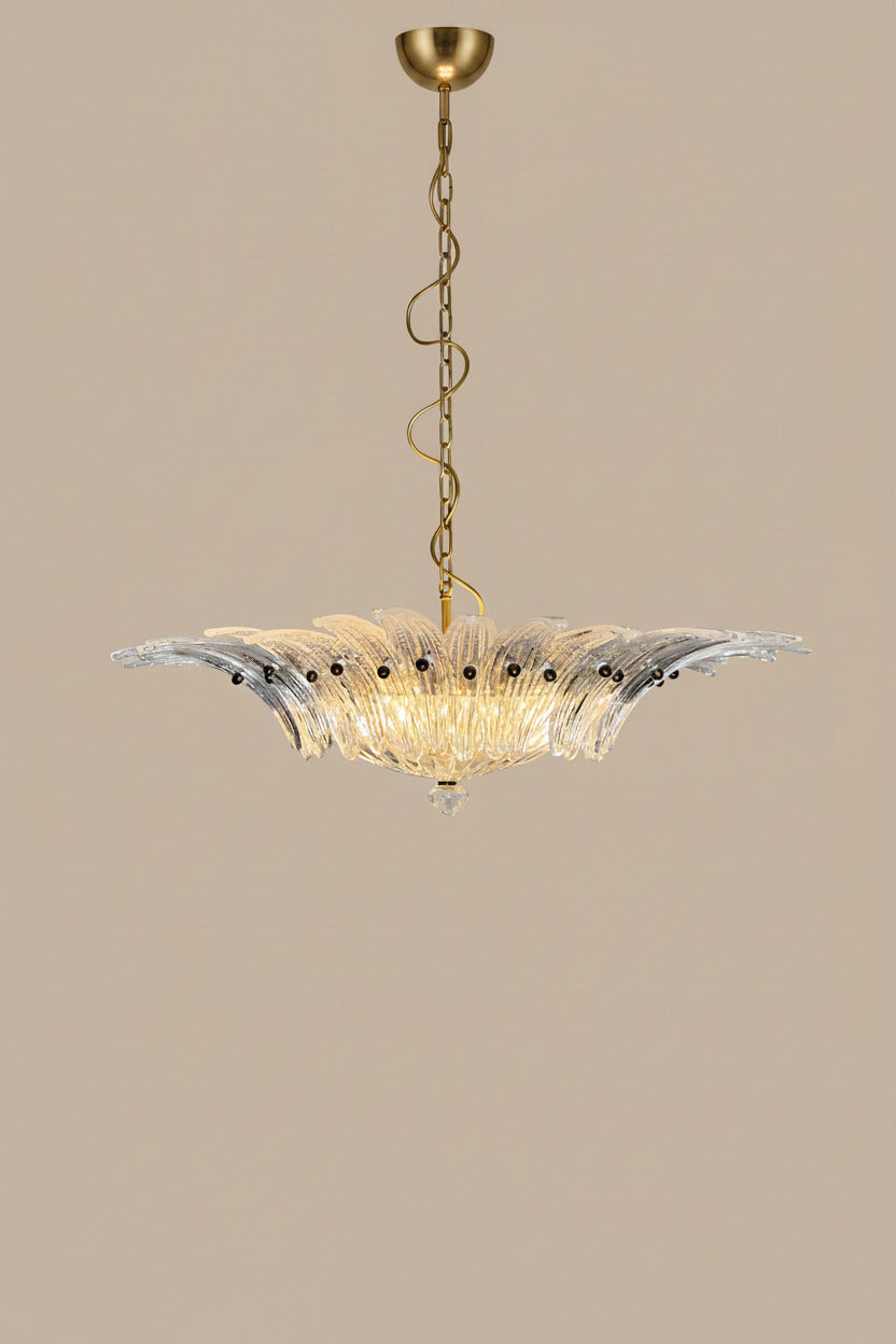 Lampadario Palmette in vetro trasparente di Murano | 36 elementi soffiati a mano, struttura dorata, doppia installazione
