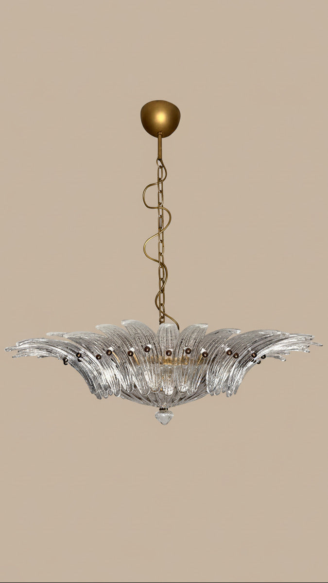 Lampadario Palmette in vetro trasparente di Murano | 36 elementi soffiati a mano, struttura dorata, doppia installazione