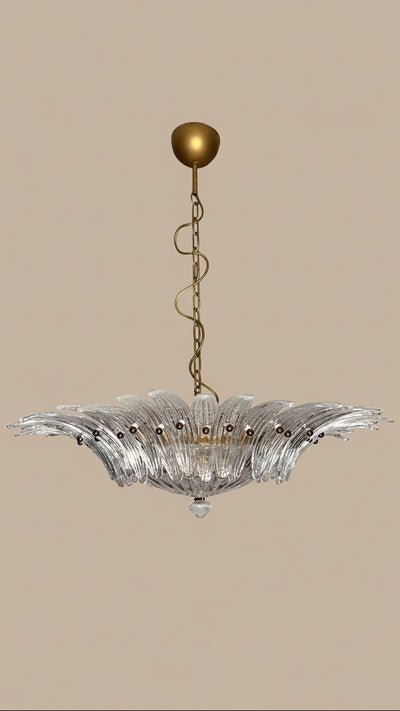Lampadario Palmette in vetro trasparente di Murano | 36 elementi soffiati a mano, struttura dorata, doppia installazione