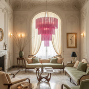 Lampadario in vetro di Murano | 78 tubi in seta soffiati a mano rosa fucsia, struttura in nichel lucido
