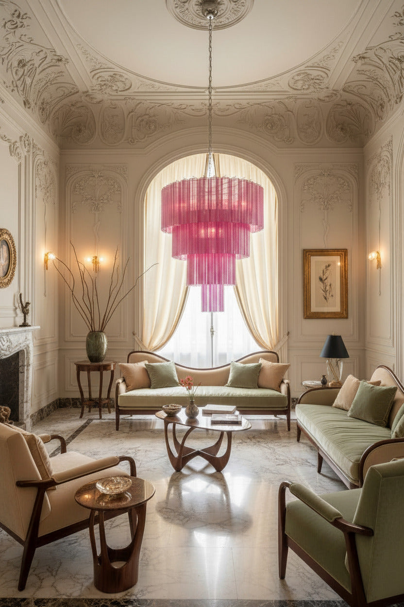 Lampadario in vetro di Murano | 78 tubi in seta soffiati a mano rosa fucsia, struttura in nichel lucido