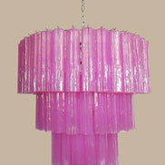 Lampadario in vetro di Murano | 78 tubi in seta soffiati a mano rosa fucsia, struttura in nichel lucido