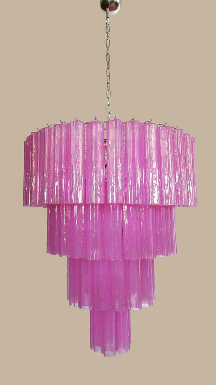 Murano Glass Chandelier | 78 hand-blown pink fuchsia silk tubes, polished nickel frame