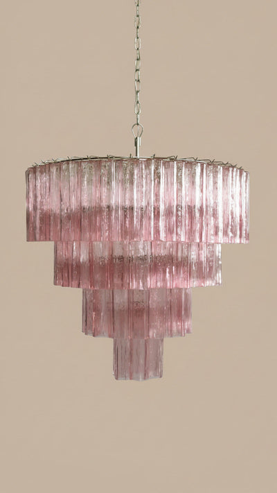 Lampadario in Vetro di Murano Rosa | 78 tubi soffiati a mano, design a stella a quattro livelli, struttura in nichel