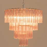 Lampadario in Vetro di Murano Rosa | 78 tubi soffiati a mano, design a stella a quattro livelli, struttura in nichel