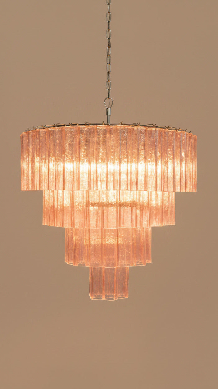 Lampadario in Vetro di Murano Rosa | 78 tubi soffiati a mano, design a stella a quattro livelli, struttura in nichel
