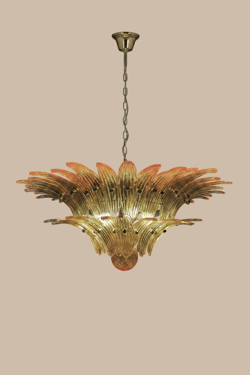 Lampadario Palmette in vetro di Murano ambra | 58 elementi soffiati a mano