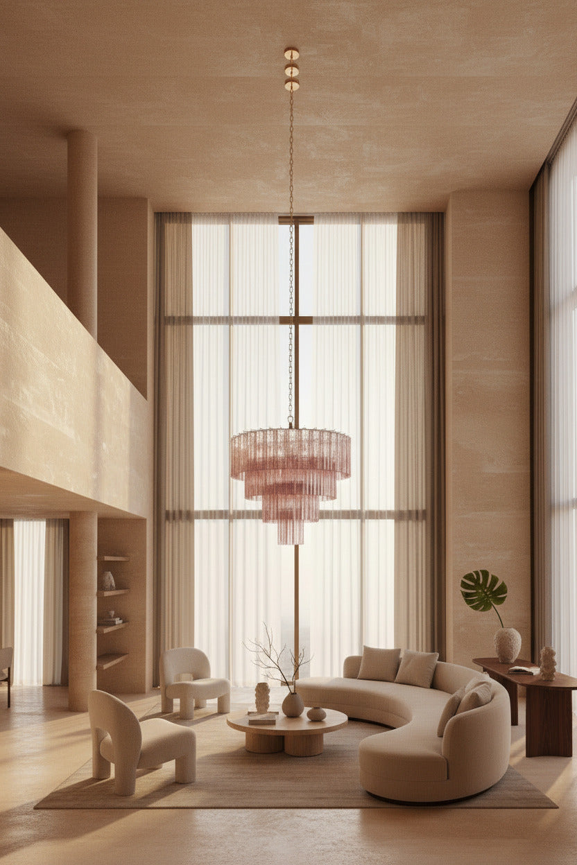 Lampadario in Vetro di Murano Rosa | 78 tubi soffiati a mano, design a stella a quattro livelli, struttura in nichel